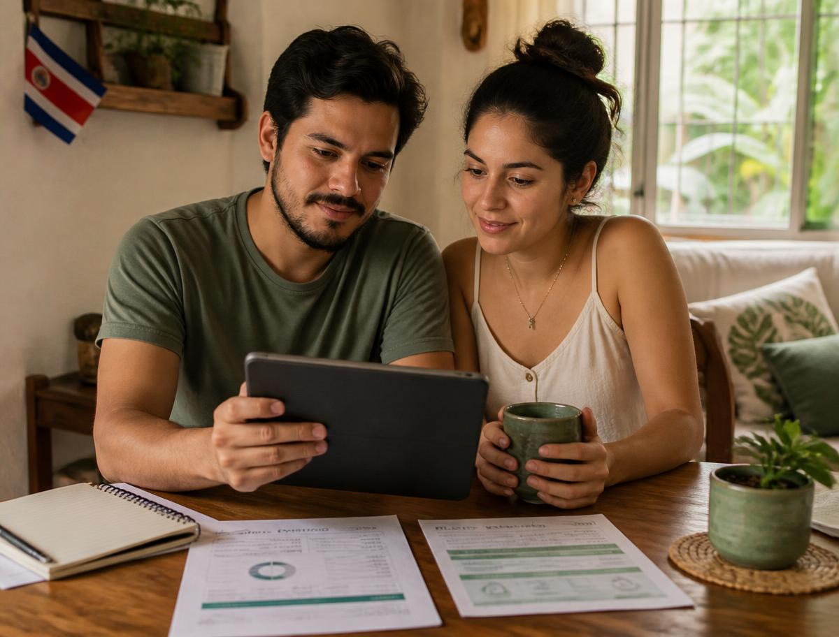 Pareja costarricense revisando su plan financiero en casa